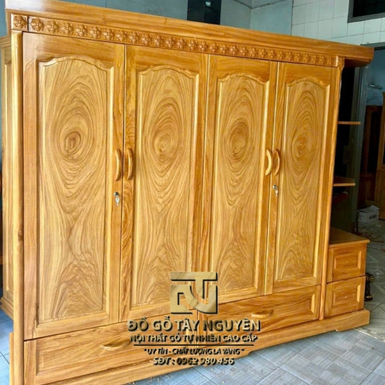 Tủ quần áo gõ đỏ 4 cánh có kệ góc phải
