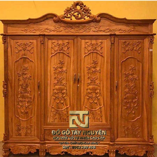 Tủ quần áo 4 cánh tân cổ điển gõ đỏ 100%