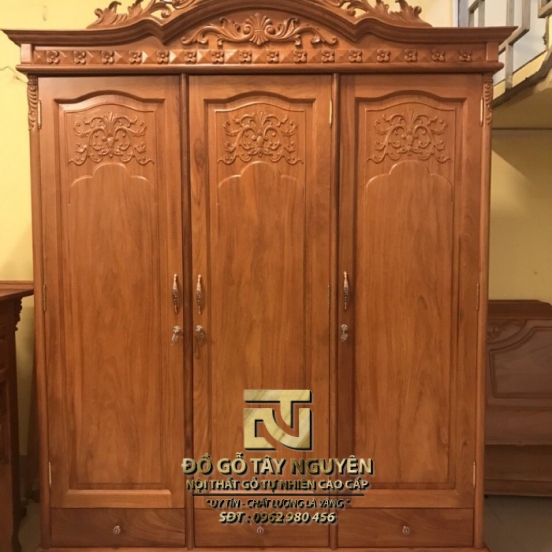 Tủ quần áo 3 cánh tân cổ điển gỗ gõ