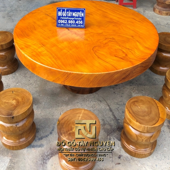 full bộ bàn tròn gỗ Gõ đỏ (130x16) ghép 10 đôn 