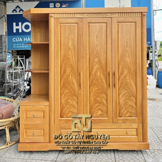 Tủ quần áo 3 cánh có kệ góc trái gỗ gõ đỏ