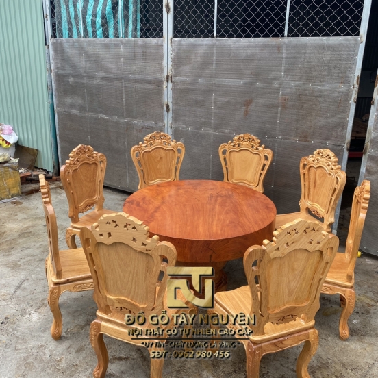 Bộ Bàn tròn (120x16) ghép 8 ghế Louis ( dày 3cm) full bộ gỗ gõ đỏ