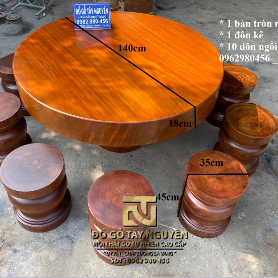 bàn tròn nguyên khối (140x18) ghép 10 đôn (34x45)