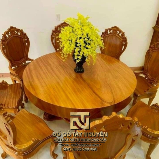 Bộ bàn tròn nguyên khối 1,3m gỗ Gõ đỏ ghép 8 ghế Louis có tay